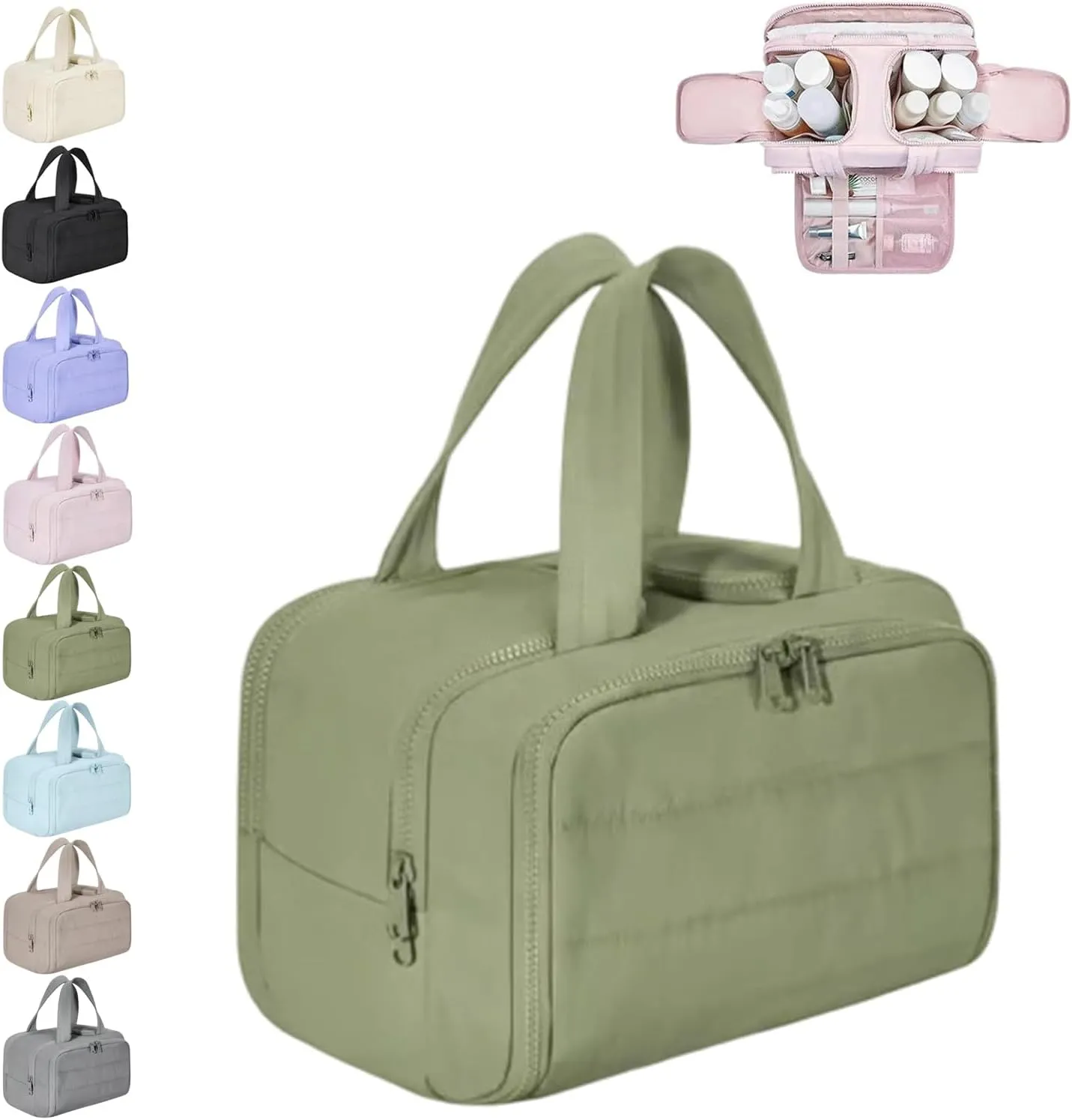 Curetoaway Travel Cosmetic Bag, Large Capacity Wide-Open Travel Cosmetic Bag, Curetoaway-Z Lightweight Waterproof Puffer Toiletry Bag, 4-In-1 Puffy Multi-Functional Toiletry Bag for Women (Green, A)
