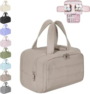 Curetoaway Travel Cosmetic Bag, Large Capacity Wide-Open Travel Cosmetic Bag, Curetoaway-Z Lightweight Waterproof Puffer Toiletry Bag, 4-In-1 Puffy Multi-Functional Toiletry Bag for Women (Khaki, A)
