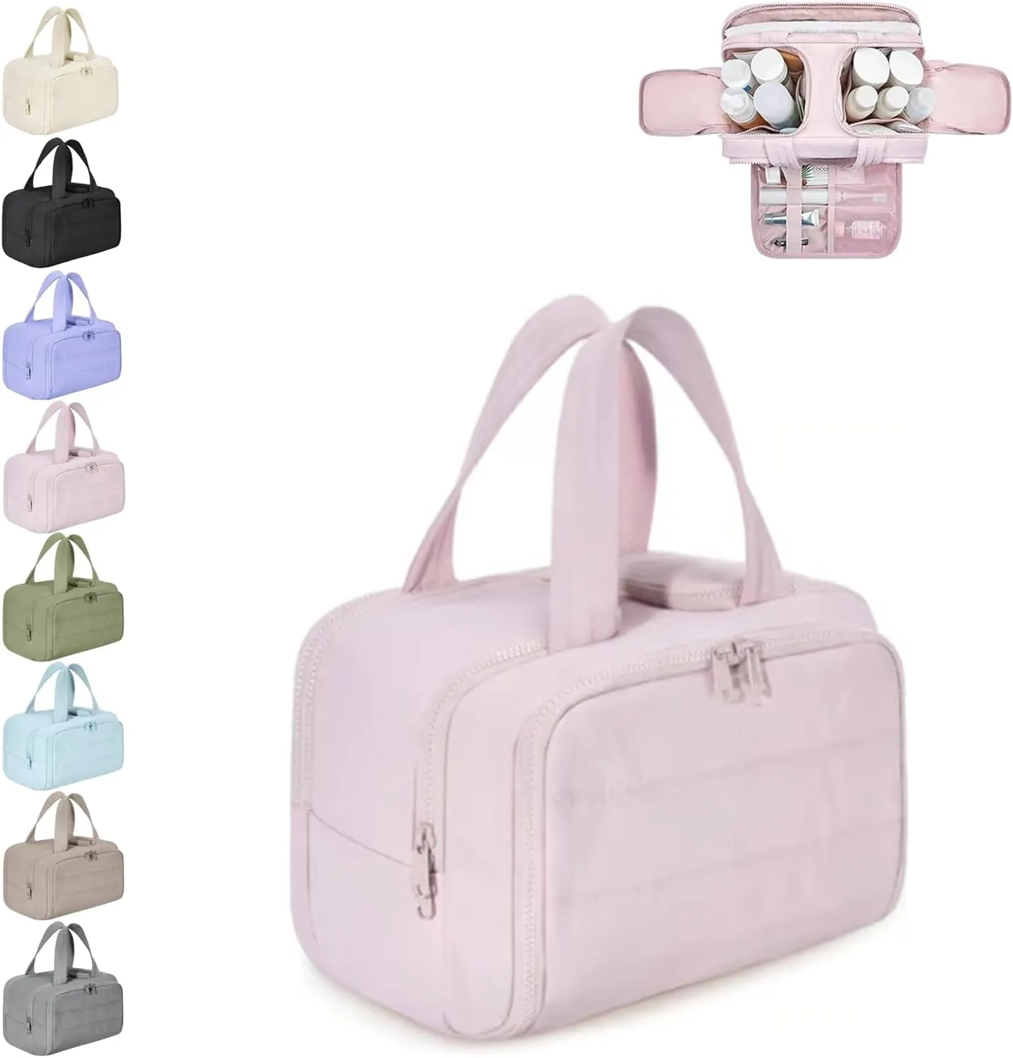Curetoaway Travel Cosmetic Bag, Large Capacity Wide-Open Travel Cosmetic Bag, Curetoaway-Z Lightweight Waterproof Puffer Toiletry Bag, 4-In-1 Puffy Multi-Functional Toiletry Bag for Women (Pink, A)