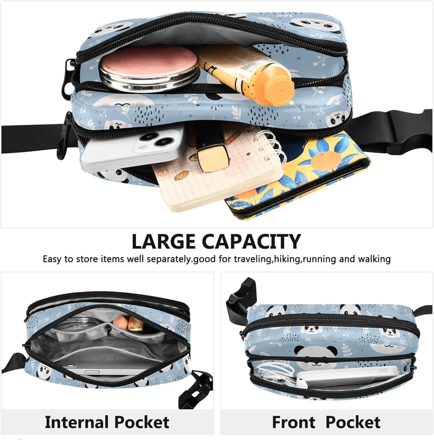 Custom Cute Panda Blue Cartoon Waterproof Fanny Packs for Women Large Hip Belt Bag Funky Crossbody Waist Purse