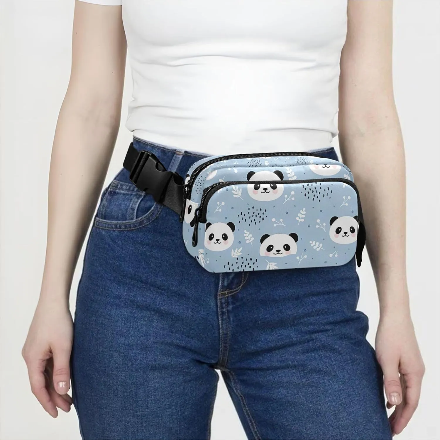 Custom Cute Panda Blue Cartoon Waterproof Fanny Packs for Women Large Hip Belt Bag Funky Crossbody Waist Purse