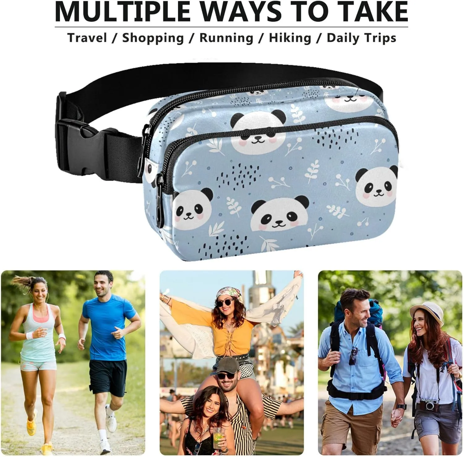 Custom Cute Panda Blue Cartoon Waterproof Fanny Packs for Women Large Hip Belt Bag Funky Crossbody Waist Purse