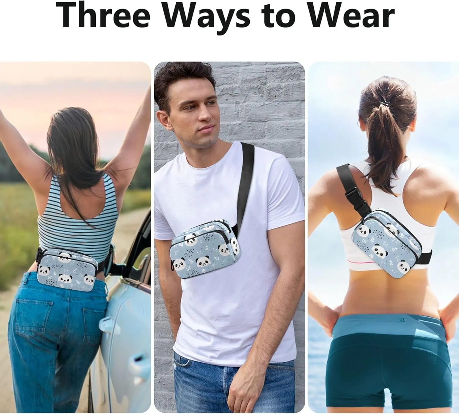 Custom Cute Panda Blue Cartoon Waterproof Fanny Packs for Women Large Hip Belt Bag Funky Crossbody Waist Purse