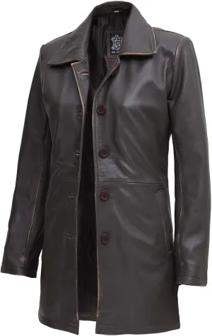 Decrum Leather Coat Women - Casual Car Coat Style 3/4 Length Real Lambskin Leather Jackets for Women