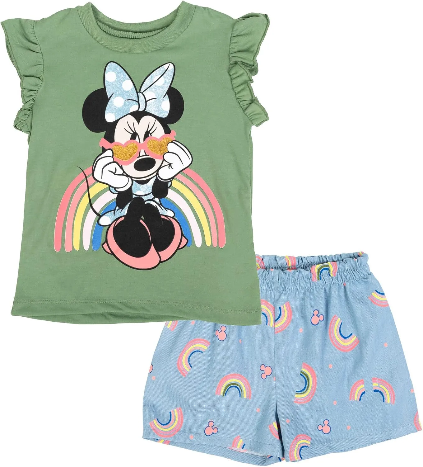 Disney Minnie Mouse Rainbow Floral T-Shirt and Chambray Shorts Outfit Set Infant to Big Kid Sizes (12 Months - 14-16)