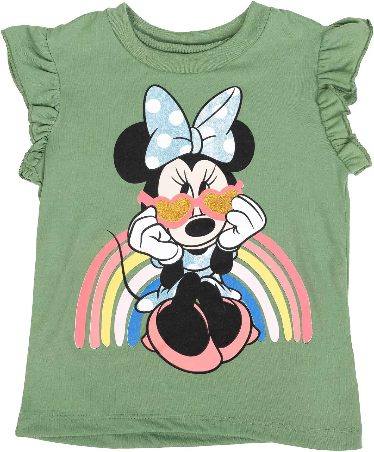Disney Minnie Mouse Rainbow Floral T-Shirt and Chambray Shorts Outfit Set Infant to Big Kid Sizes (12 Months - 14-16)