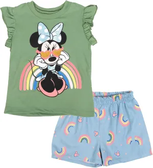 Disney Minnie Mouse Rainbow Floral T-Shirt and Chambray Shorts Outfit Set Infant to Big Kid Sizes (12 Months - 14-16)