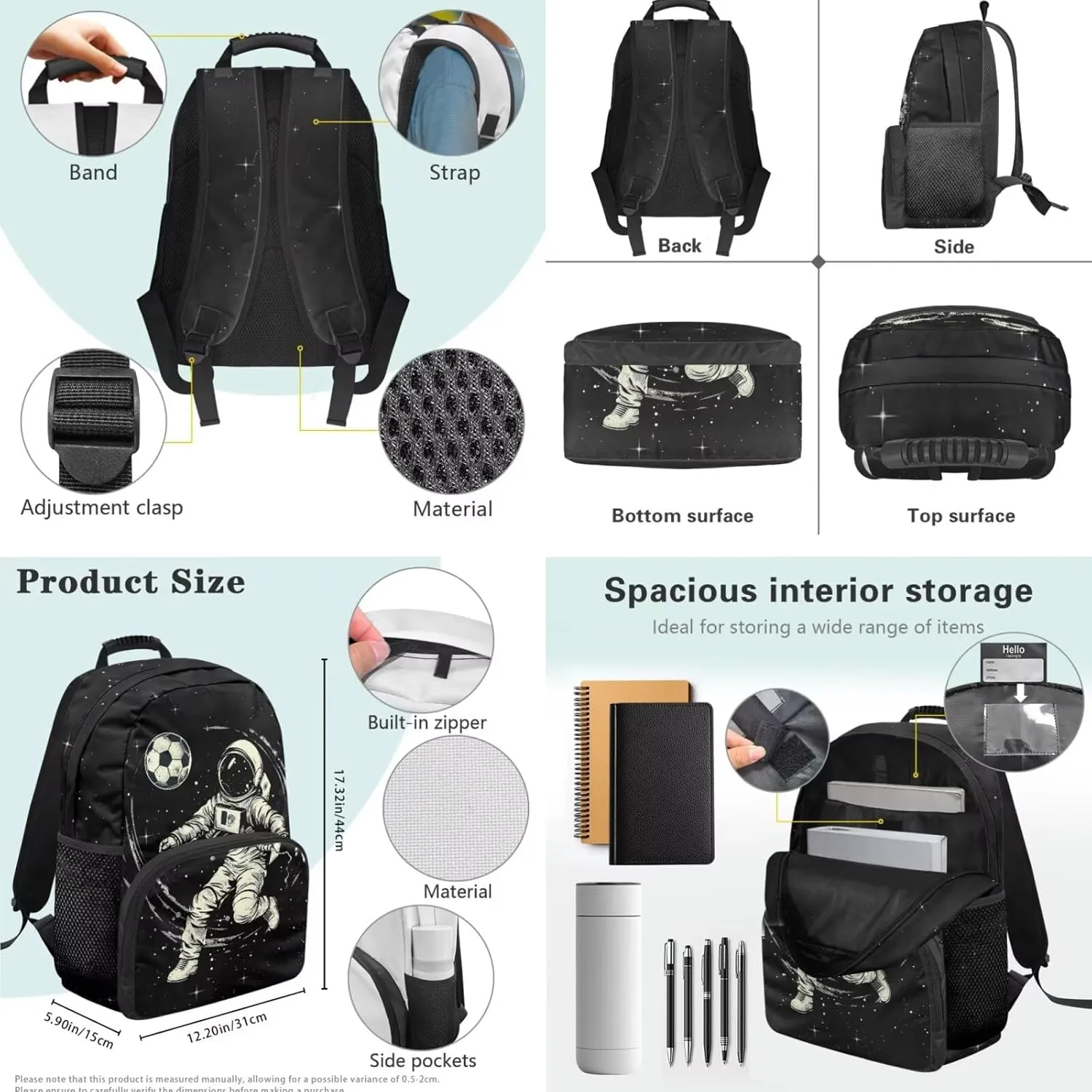 doginthehole Astronaut Backpack for Boys Lightweight Boys School Bag and Lunch Kit 3pcs Soccer Bookbag for Boys 12-14 for Elementary Middle School Boys Casual Travel Book Bag