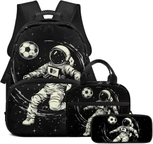 doginthehole Astronaut Backpack for Boys Lightweight Boys School Bag and Lunch Kit 3pcs Soccer Bookbag for Boys 12-14 for Elementary Middle School Boys Casual Travel Book Bag