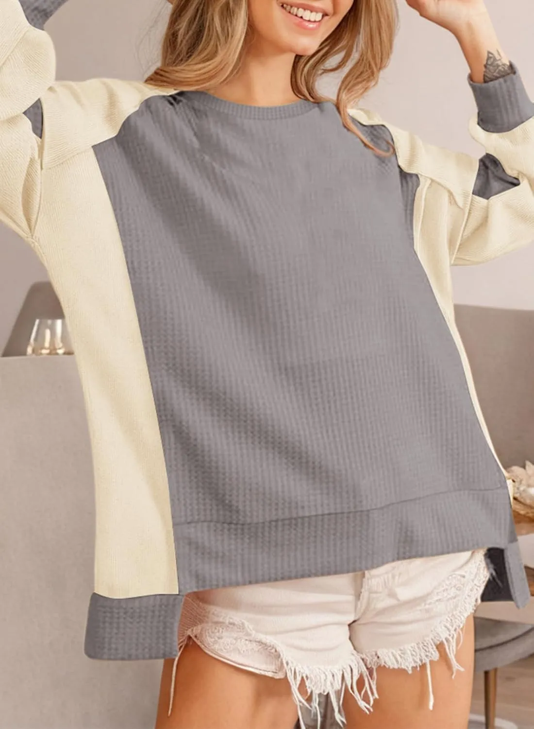 Dokotoo Oversized Sweatshirt for Women Waffle Knit Color Block Crewneck Long Sleeve Casual High Low Pullover Sweatshirts Tops