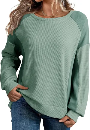 Dokotoo Oversized Sweatshirt for Women Waffle Knit Color Block Crewneck Long Sleeve Casual High Low Pullover Sweatshirts Tops