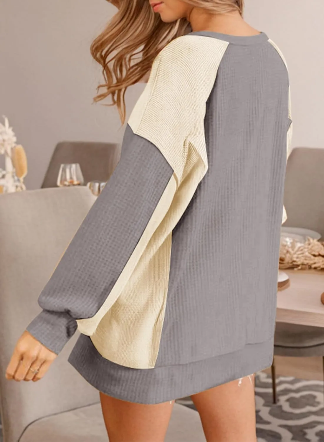 Dokotoo Oversized Sweatshirt for Women Waffle Knit Color Block Crewneck Long Sleeve Casual High Low Pullover Sweatshirts Tops