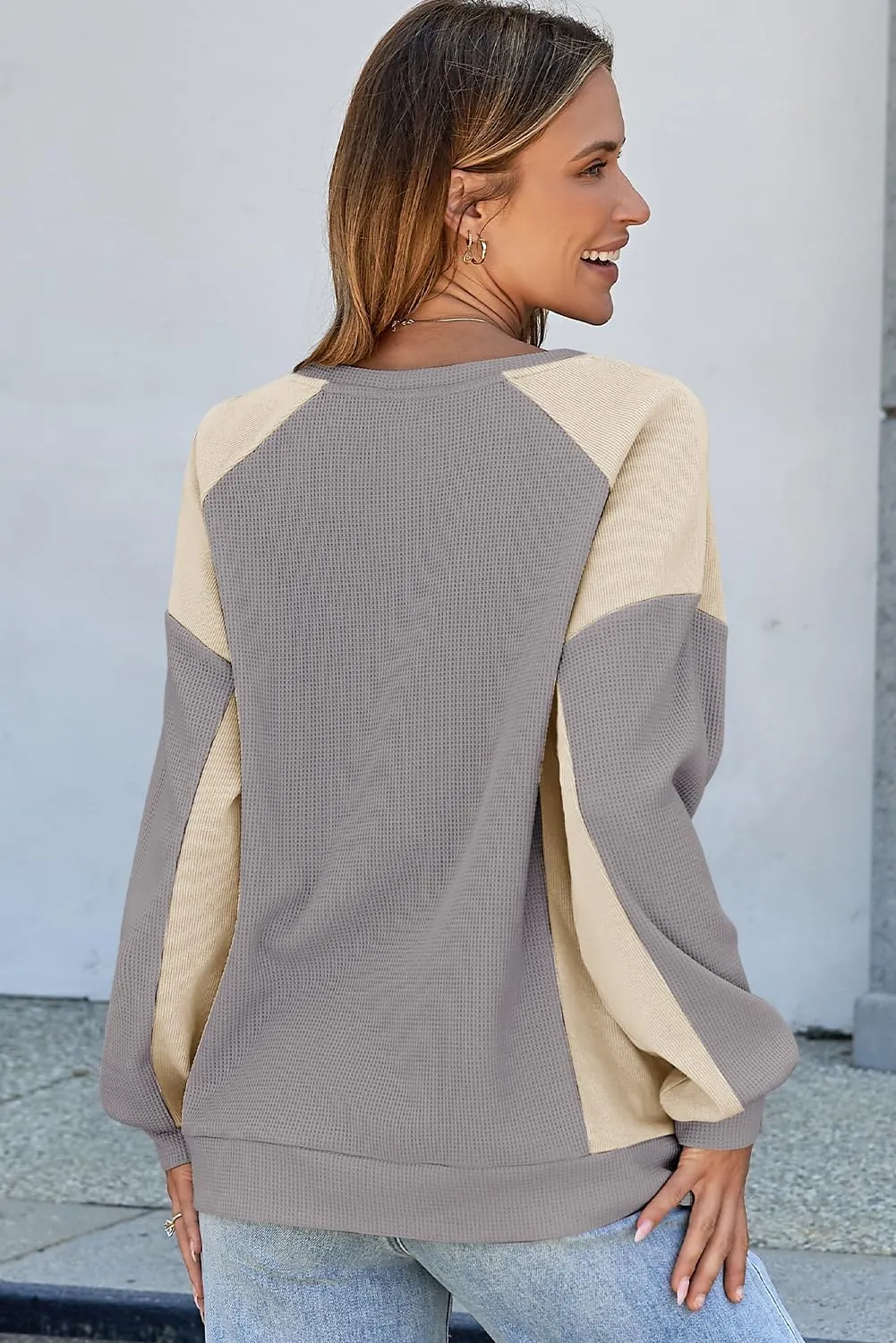 Dokotoo Oversized Sweatshirt for Women Waffle Knit Color Block Crewneck Long Sleeve Casual High Low Pullover Sweatshirts Tops