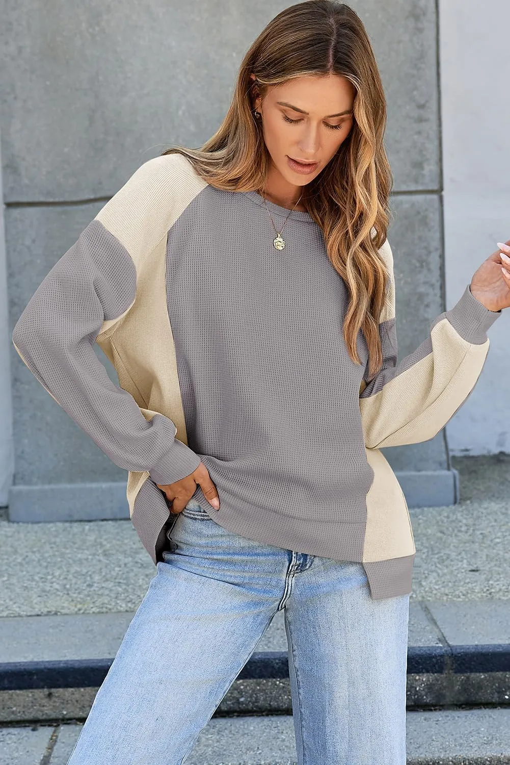 Dokotoo Oversized Sweatshirt for Women Waffle Knit Color Block Crewneck Long Sleeve Casual High Low Pullover Sweatshirts Tops
