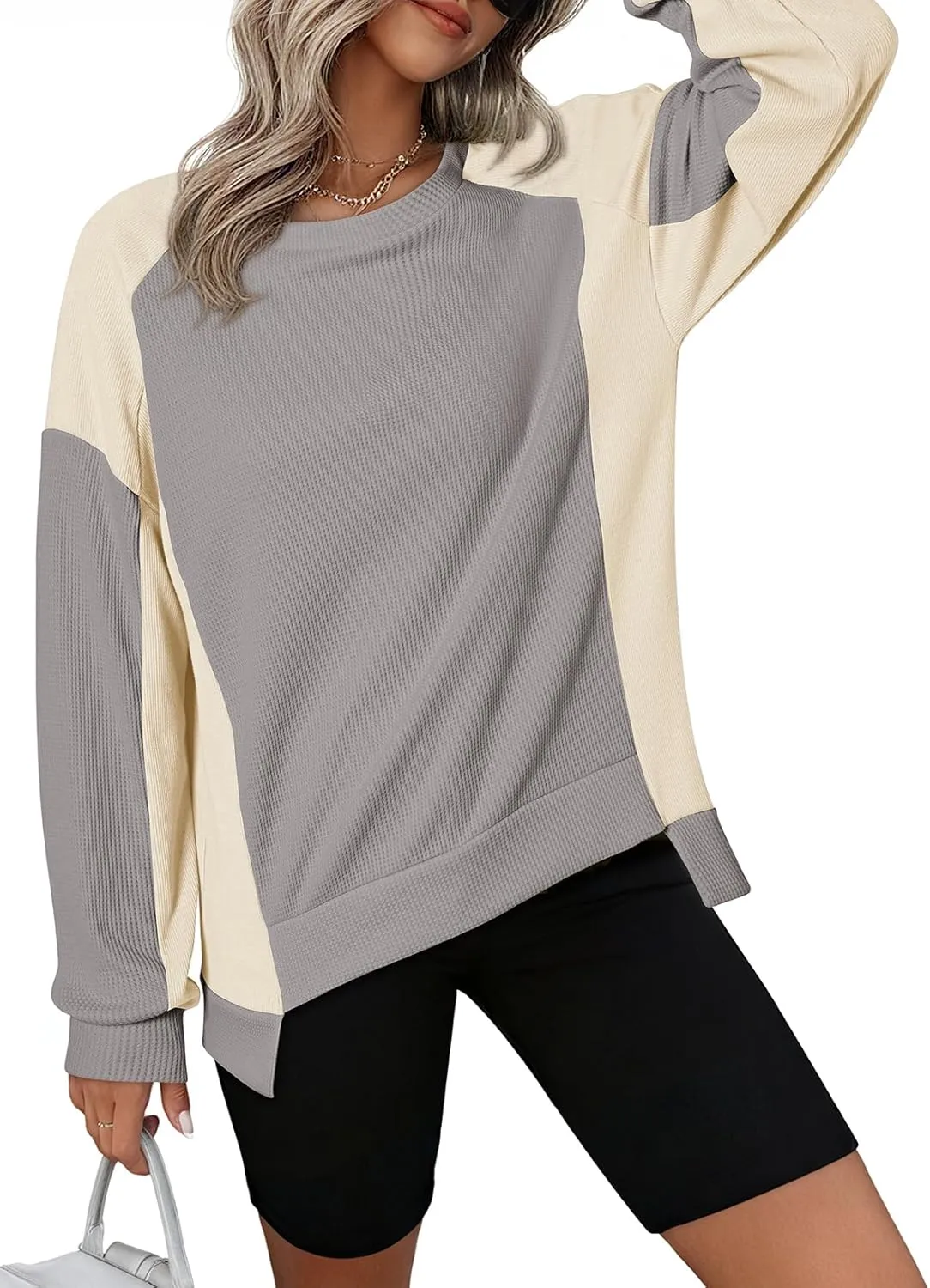 Dokotoo Oversized Sweatshirt for Women Waffle Knit Color Block Crewneck Long Sleeve Casual High Low Pullover Sweatshirts Tops