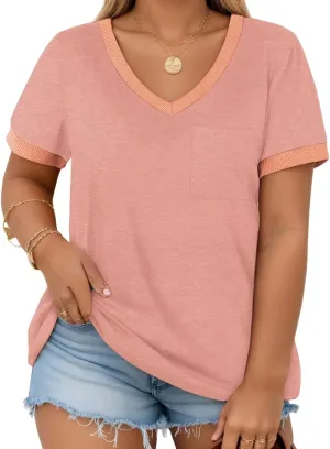DOLNINE Plus Size Tops for Women Casual Ribbed V Neck Color Block Cuff Summer Shirts with Pocket