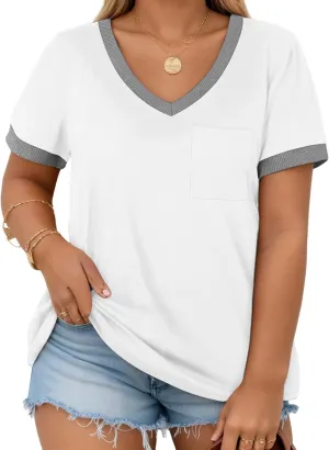 DOLNINE Plus Size Tops for Women Casual Ribbed V Neck Color Block Cuff Summer Shirts with Pocket