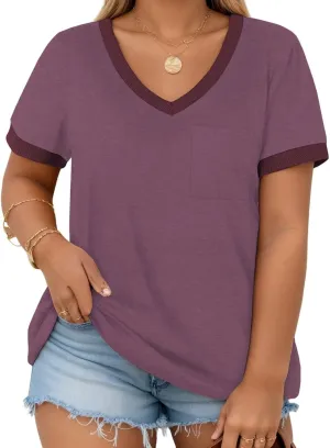DOLNINE Plus Size Tops for Women Casual Ribbed V Neck Color Block Cuff Summer Shirts with Pocket