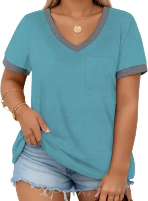 DOLNINE Plus Size Tops for Women Casual Ribbed V Neck Color Block Cuff Summer Shirts with Pocket