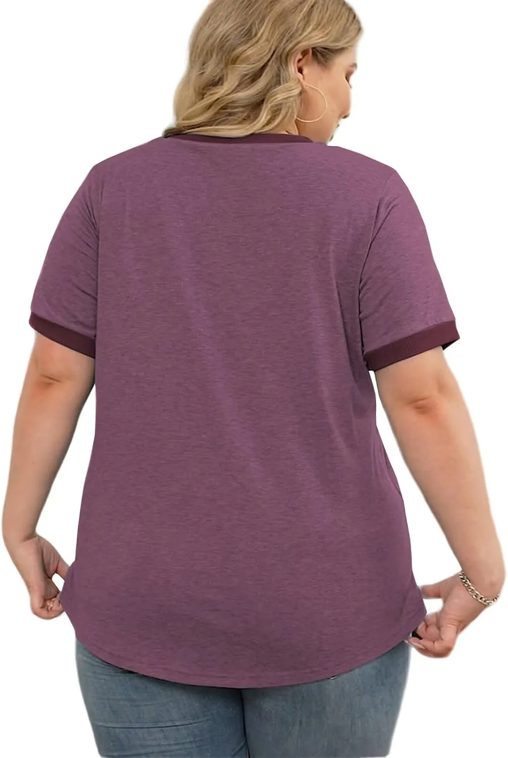 DOLNINE Plus Size Tops for Women Casual Ribbed V Neck Color Block Cuff Summer Shirts with Pocket