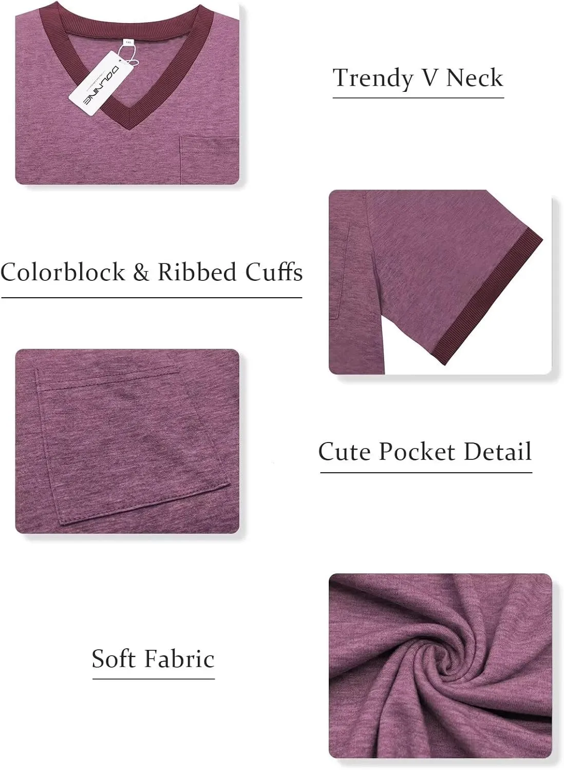 DOLNINE Plus Size Tops for Women Casual Ribbed V Neck Color Block Cuff Summer Shirts with Pocket