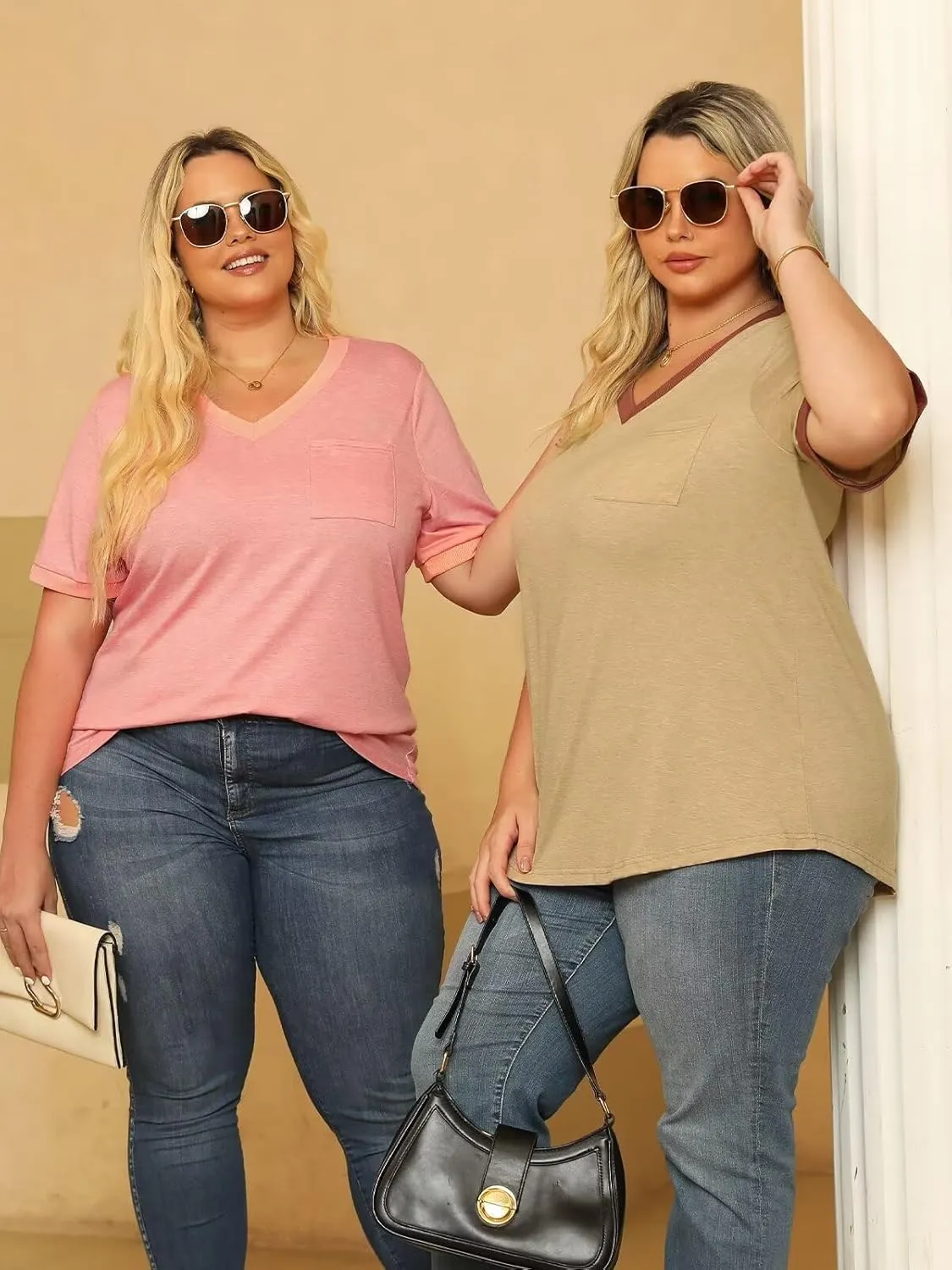 DOLNINE Plus Size Tops for Women Casual Ribbed V Neck Color Block Cuff Summer Shirts with Pocket