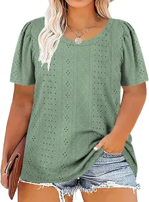 DOLNINE Womens-Plus-Size-Tops Casual Puff Short Sleeve Crewneck Eyelet Tunic Shirts XL-5XL