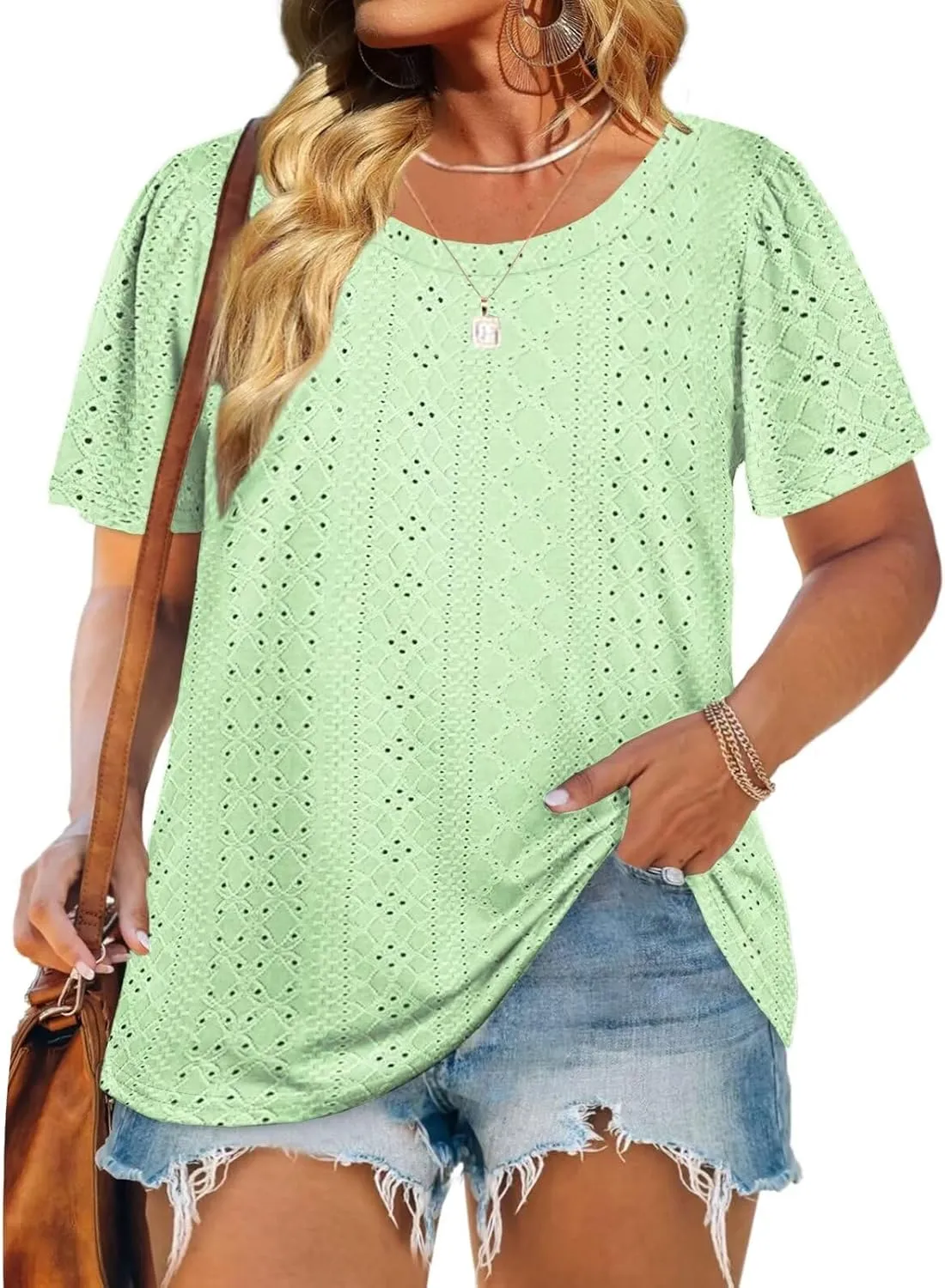 DOLNINE Womens-Plus-Size-Tops Casual Puff Short Sleeve Crewneck Eyelet Tunic Shirts XL-5XL