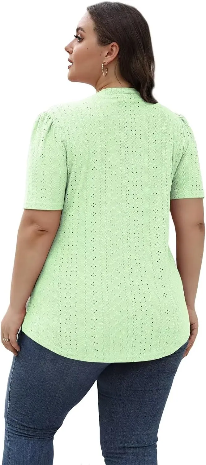 DOLNINE Womens-Plus-Size-Tops Casual Puff Short Sleeve Crewneck Eyelet Tunic Shirts XL-5XL