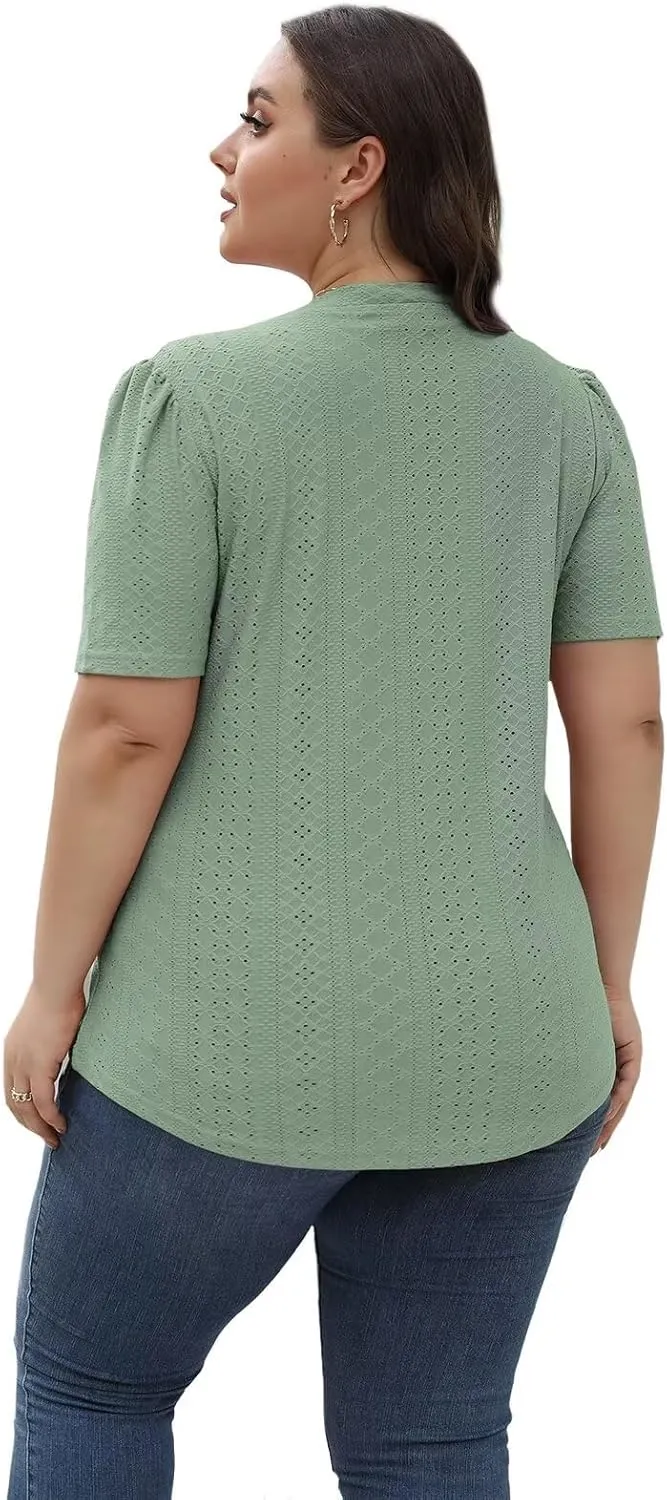 DOLNINE Womens-Plus-Size-Tops Casual Puff Short Sleeve Crewneck Eyelet Tunic Shirts XL-5XL