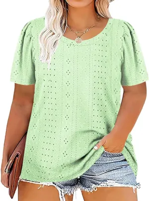 DOLNINE Womens-Plus-Size-Tops Casual Puff Short Sleeve Crewneck Eyelet Tunic Shirts XL-5XL
