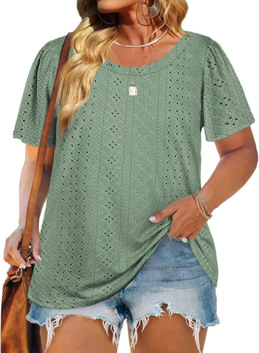DOLNINE Womens-Plus-Size-Tops Casual Puff Short Sleeve Crewneck Eyelet Tunic Shirts XL-5XL
