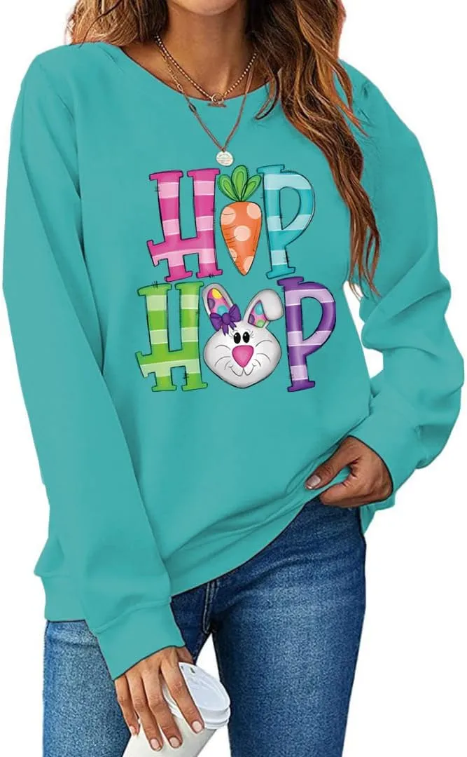 Easter Bunny Sweatshirt Women Long Sleeve Cute Rabbit Bunny Peeps Graphic Tees Happy Easter Pullover Tops