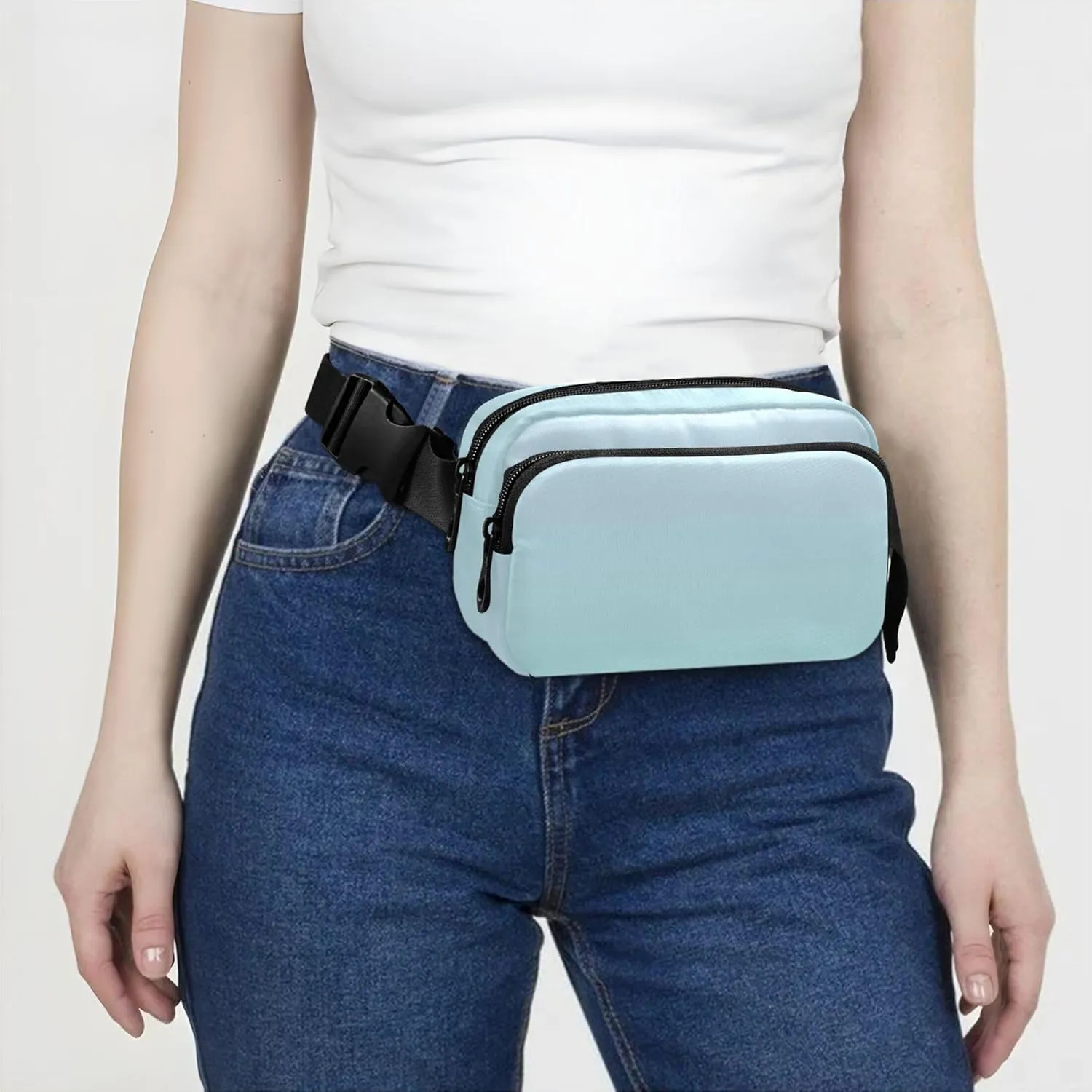 Elegant Blue Pale Turquoise Gradient Waterproof Fanny Pack for Women Hip Pack Belt Pouch Funky Travel Waist Pouch