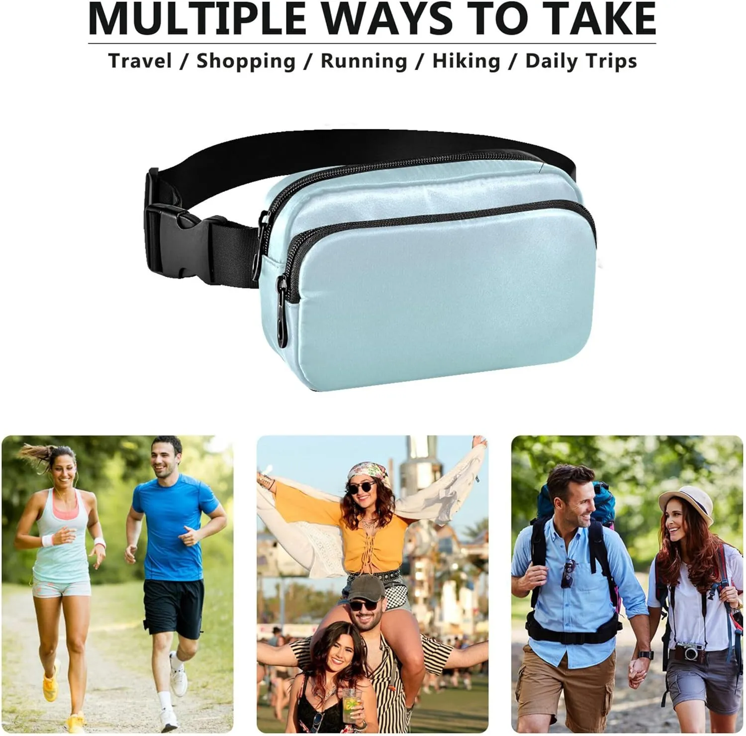 Elegant Blue Pale Turquoise Gradient Waterproof Fanny Pack for Women Hip Pack Belt Pouch Funky Travel Waist Pouch