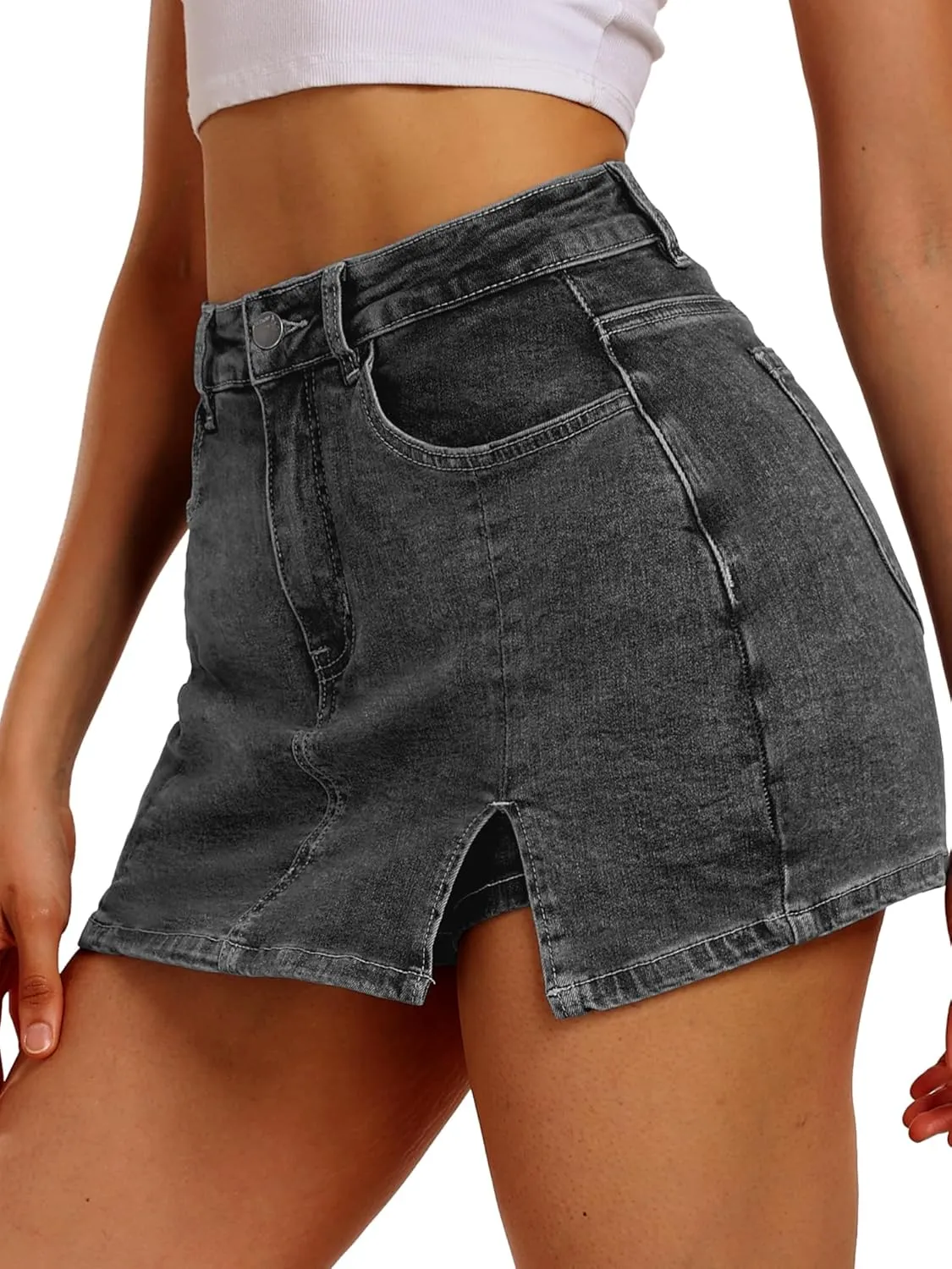 ELLEVEN Womens Side Slit Denim Skort, High-Stretch,High Waisted,Y2K Mini Jean Skirt Shorts with 5 Pockets