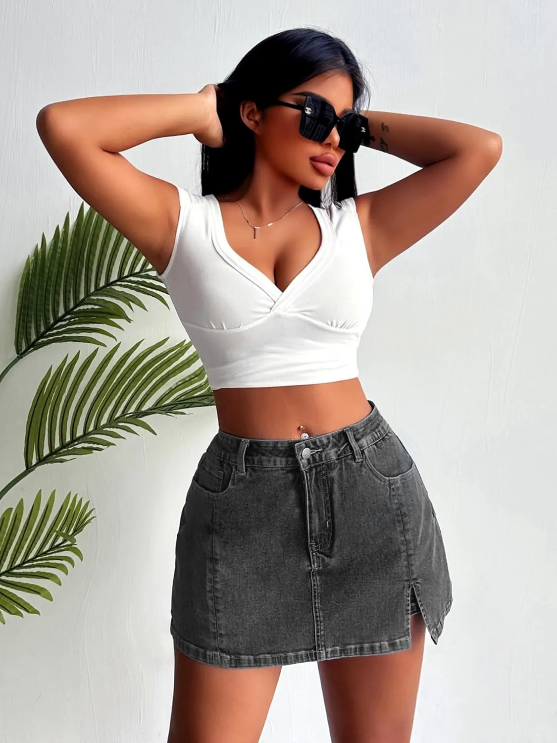ELLEVEN Womens Side Slit Denim Skort, High-Stretch,High Waisted,Y2K Mini Jean Skirt Shorts with 5 Pockets