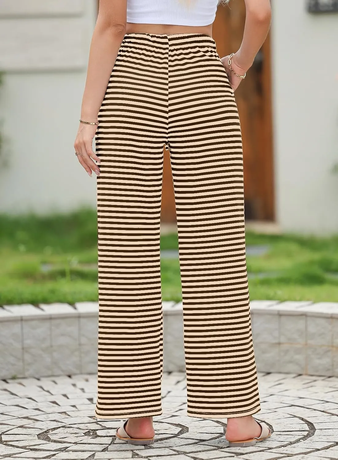 EVALESS Wide Leg Pants for Women Drawstring Elastic Waist Stripe Ribbed Sweatpants with Pockets