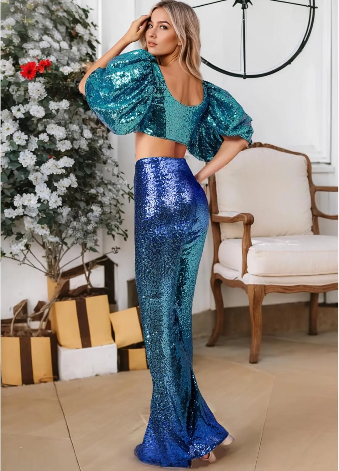 EVALESS Women Sequin Pants Sparkly Glitter High Waisted Wide Leg Flare Trousers Bell Bottom Night Out Clubwear