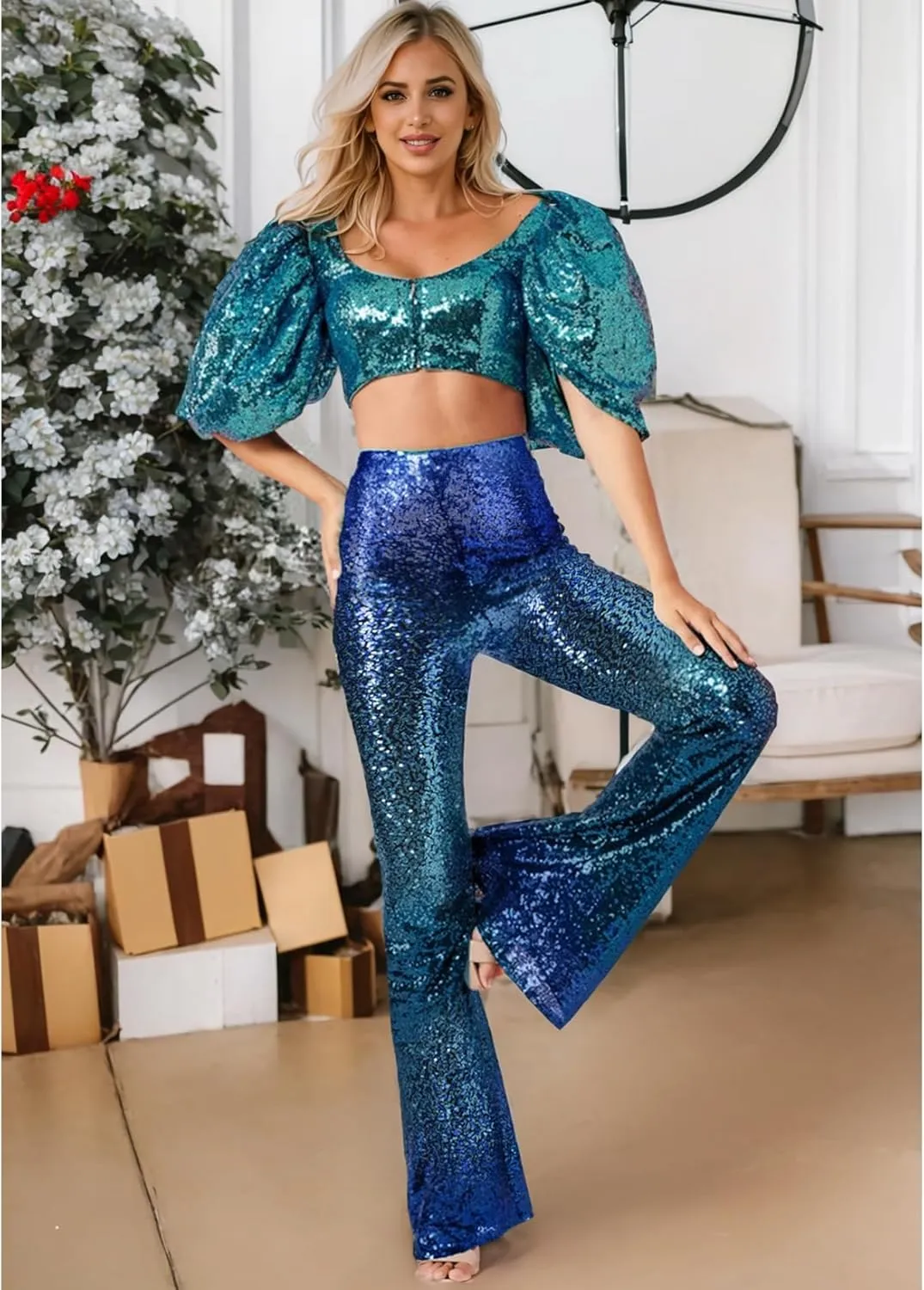 EVALESS Women Sequin Pants Sparkly Glitter High Waisted Wide Leg Flare Trousers Bell Bottom Night Out Clubwear