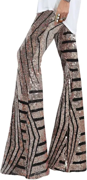 EVALESS Women Sequin Pants Sparkly Glitter High Waisted Wide Leg Flare Trousers Bell Bottom Night Out Clubwear