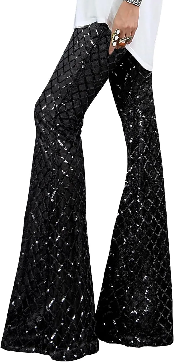 EVALESS Women Sequin Pants Sparkly Glitter High Waisted Wide Leg Flare Trousers Bell Bottom Night Out Clubwear