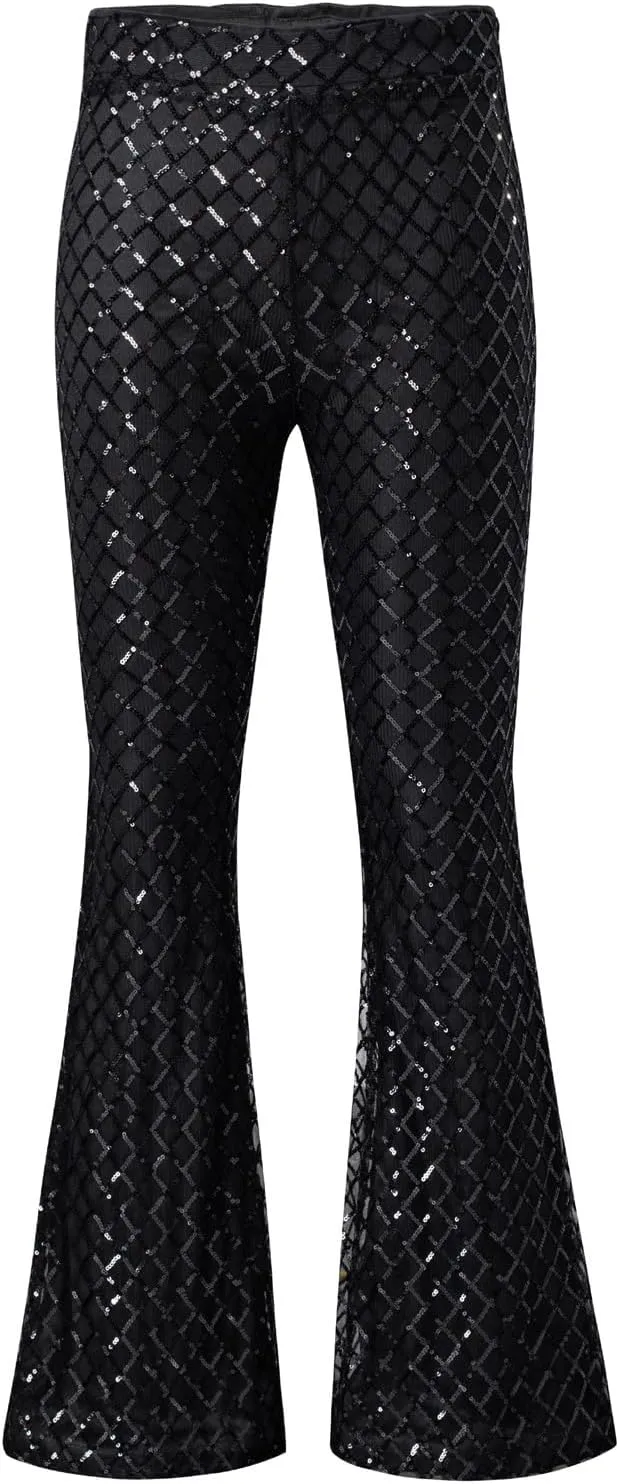 EVALESS Women Sequin Pants Sparkly Glitter High Waisted Wide Leg Flare Trousers Bell Bottom Night Out Clubwear