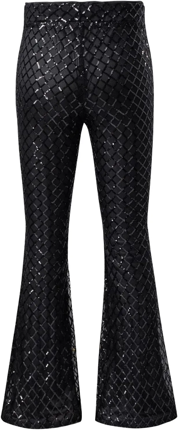 EVALESS Women Sequin Pants Sparkly Glitter High Waisted Wide Leg Flare Trousers Bell Bottom Night Out Clubwear