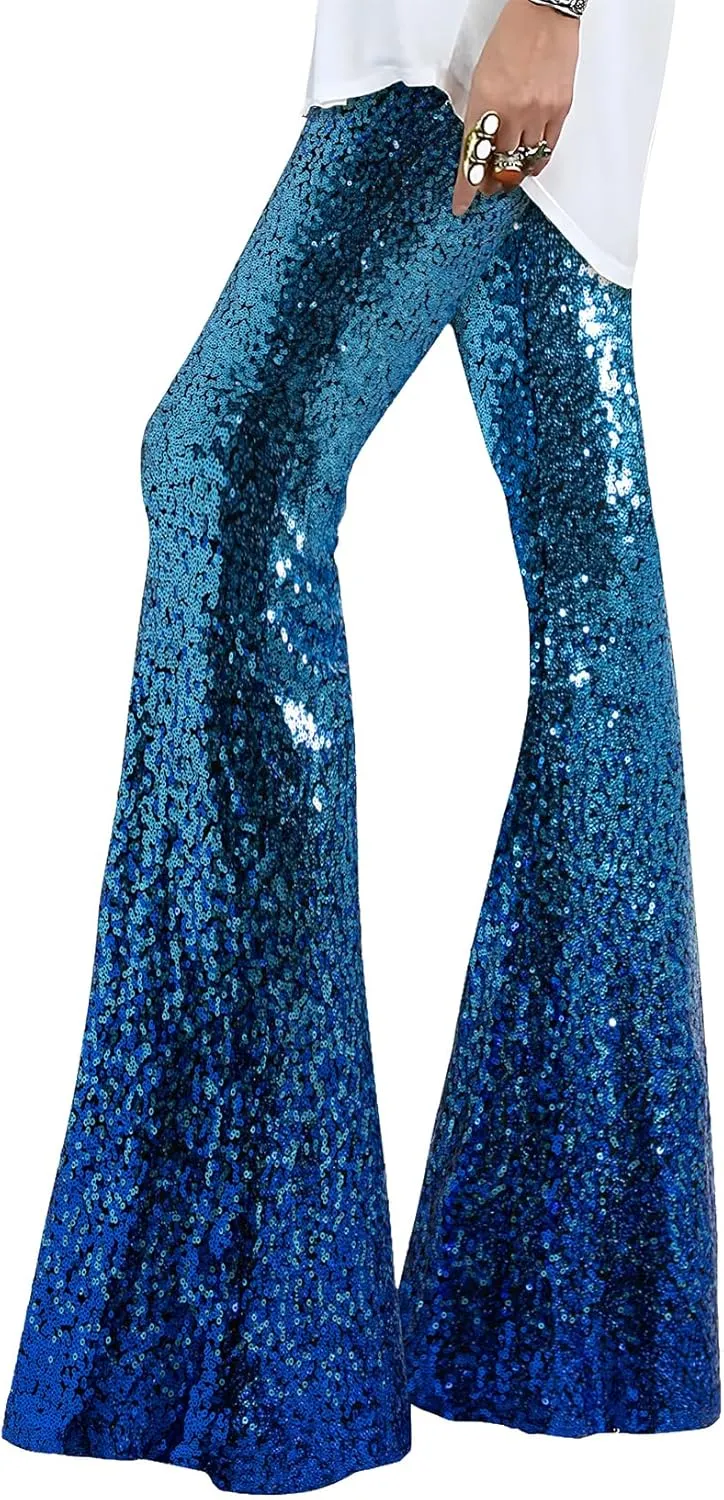 EVALESS Women Sequin Pants Sparkly Glitter High Waisted Wide Leg Flare Trousers Bell Bottom Night Out Clubwear