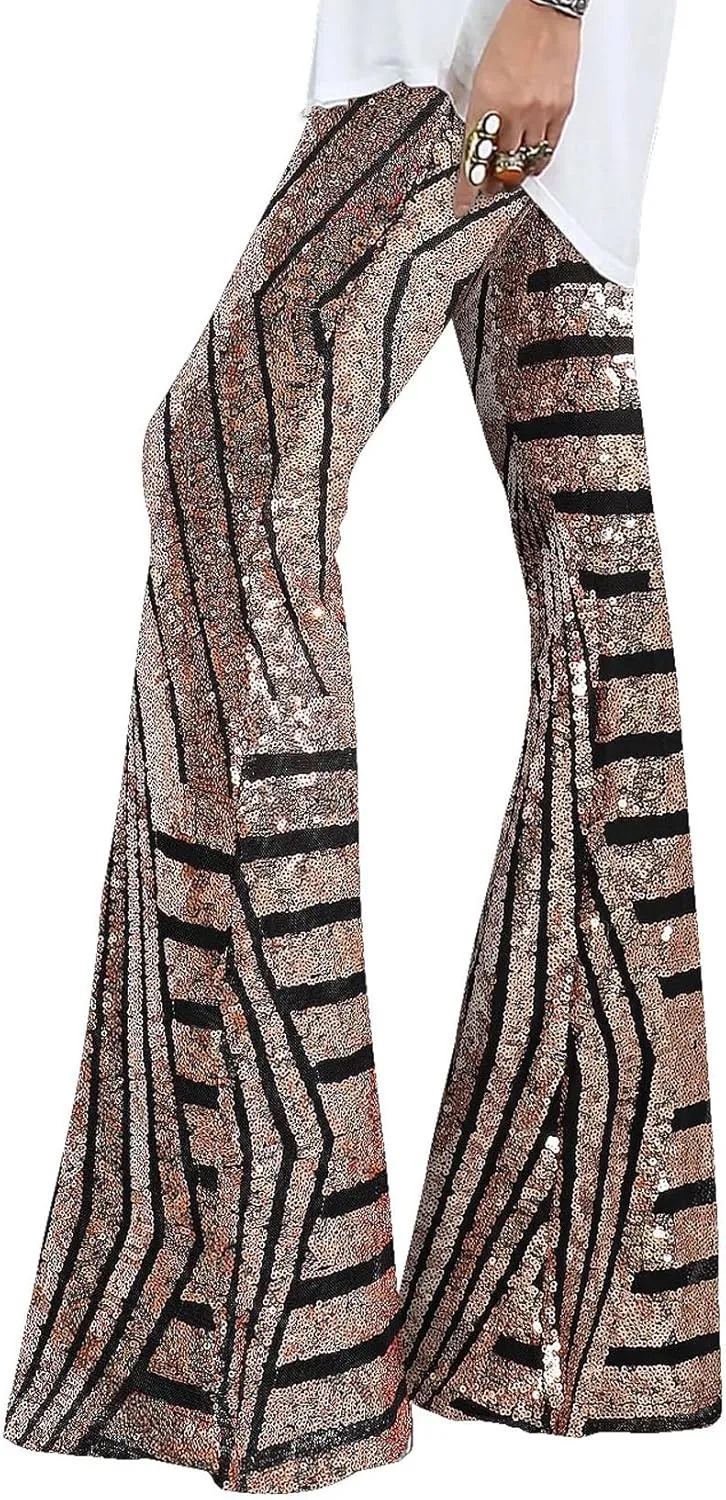 EVALESS Women Sequin Pants Sparkly Glitter High Waisted Wide Leg Flare Trousers Bell Bottom Night Out Clubwear