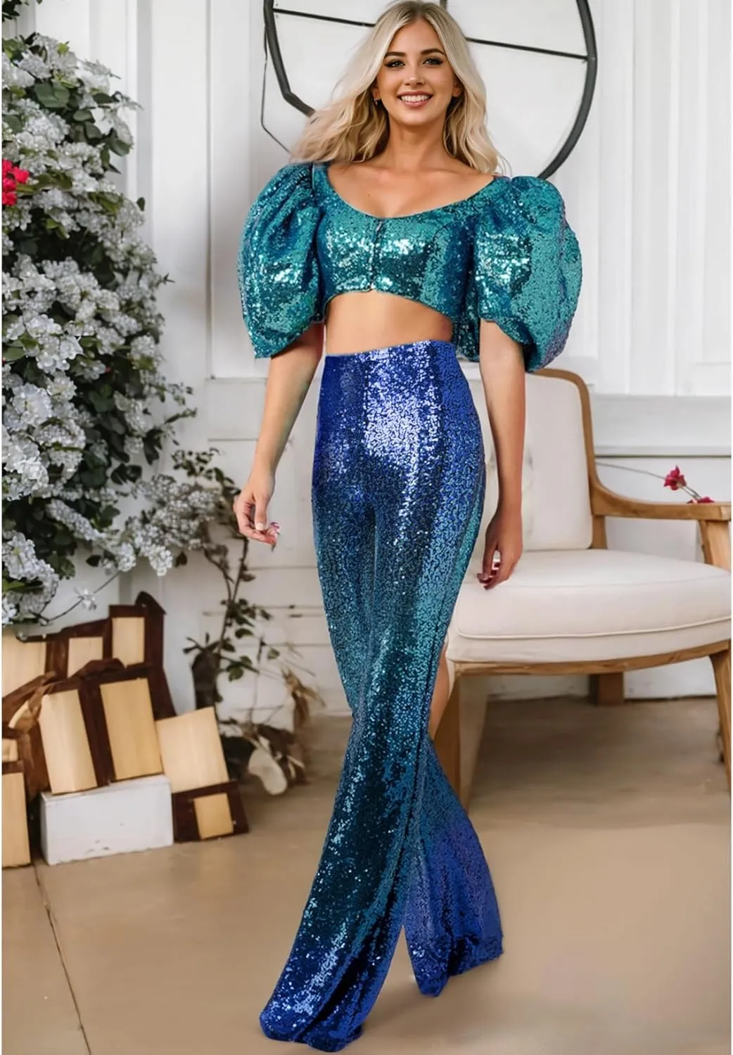 EVALESS Women Sequin Pants Sparkly Glitter High Waisted Wide Leg Flare Trousers Bell Bottom Night Out Clubwear