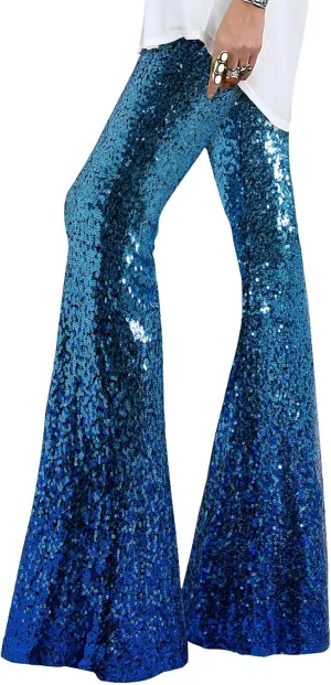 EVALESS Women Sequin Pants Sparkly Glitter High Waisted Wide Leg Flare Trousers Bell Bottom Night Out Clubwear