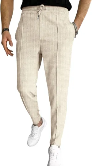 evzosrz Mens Casual Waffle Pants Pleated Front Slim Fit Straight Tapered Jogger Trousers Drawstring Workout Lounge Sweatpant