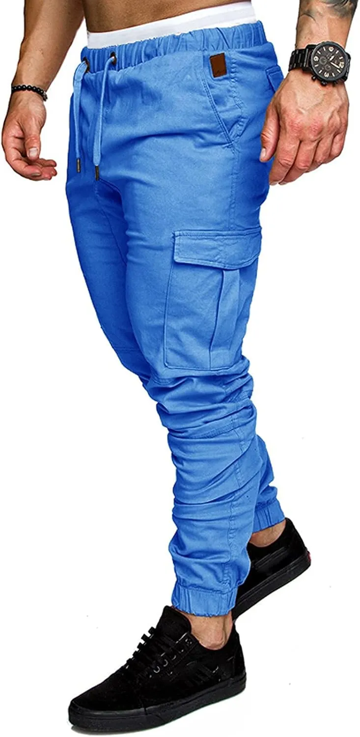 evzosrz Men's Jogger Pants Multi Pockets Sports Drawstring Trousers Elastic Waist Stretch Slim Fit Sports Cargo Pants